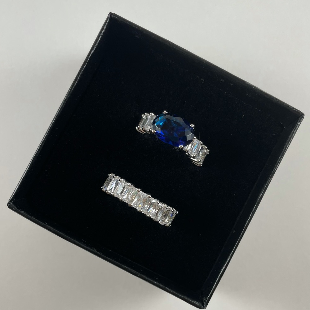 Two Ring Set with Diamoite & blue Center Stone
